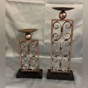 Elegant Pair of Metal Rose Gold Cast Iron Pillar Candle Holders with Stone Base